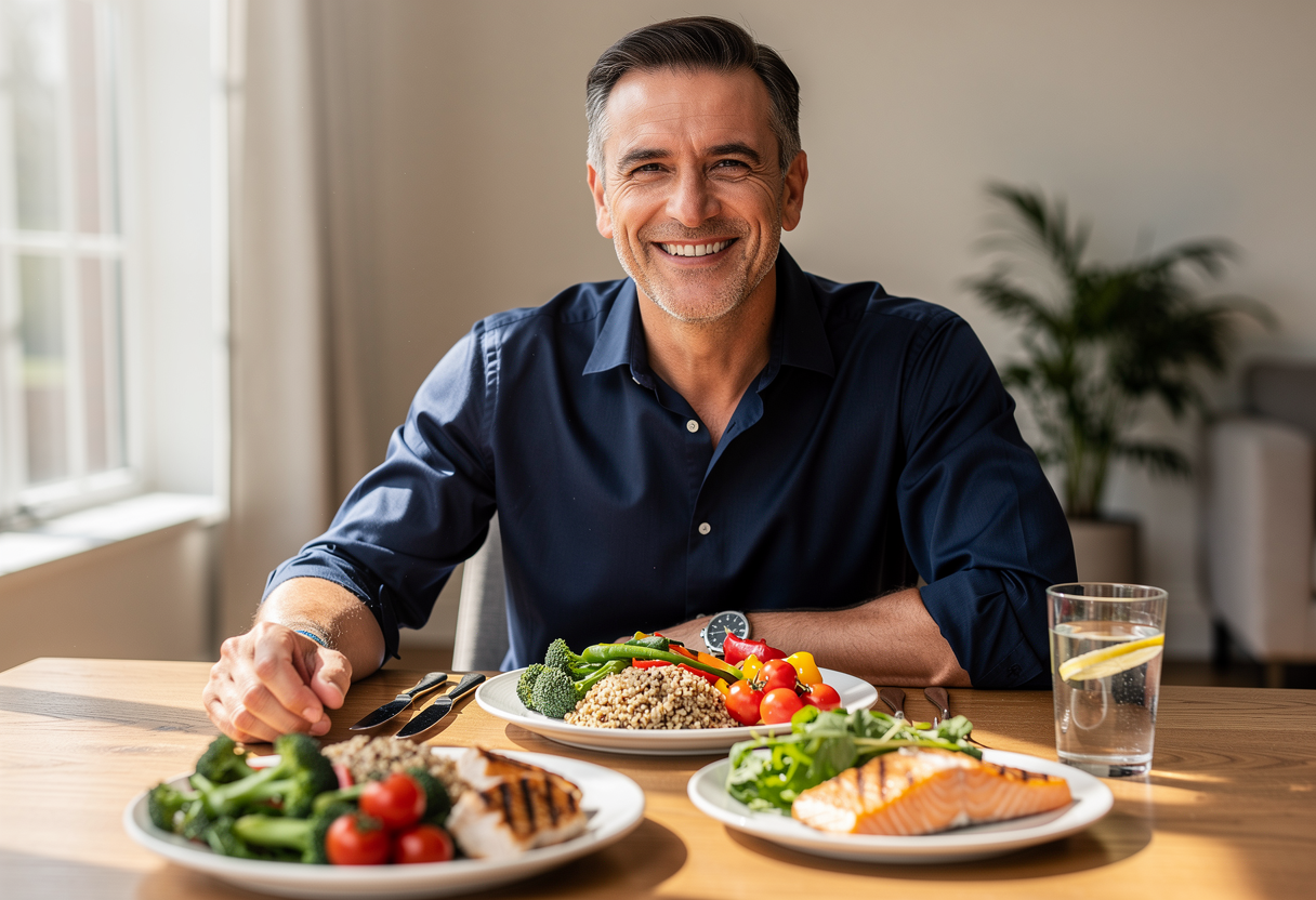 A cheerful man in his early fifties with graying temples and a bright smile, sitting at a wooden dining table and enjoying a colorful, healthy meal. He's wearing a navy blue button-down shirt and appears relaxed and satisfied. The table is set with a variety of fresh vegetables, grains, and lean proteins arranged on white ceramic plates. Natural daylight streams in through nearby windows, creating a warm and inviting dining atmosphere.